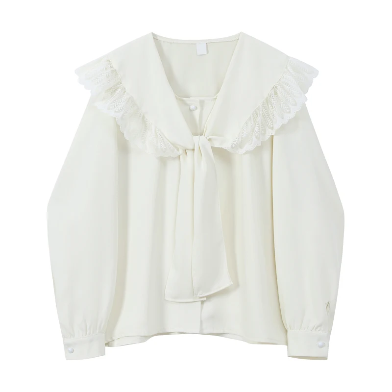 

Shirt Female Blouses Women Long Sleeve Sailor Ruffle Bandage Collar Preppy Style Shirt V-Neck Student Korean Retro Cute Bow Tops