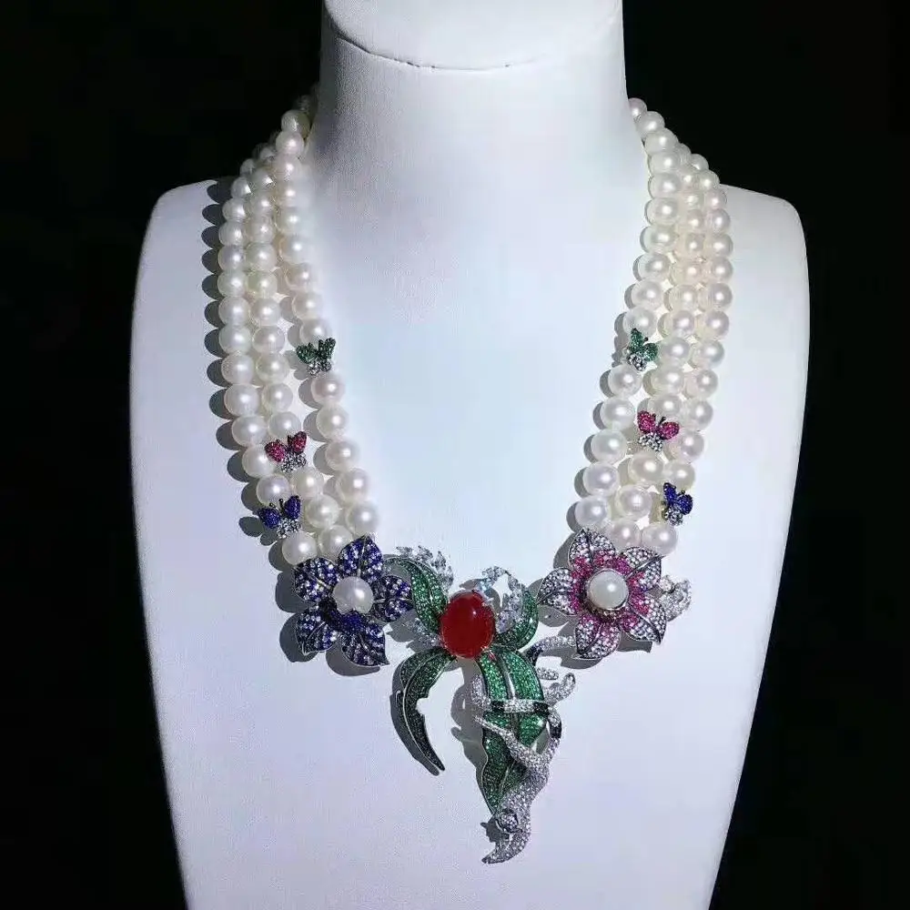 Женское Ожерелье 8-9 мм с белым пресноводным жемчугом и бабочкой | Украшения