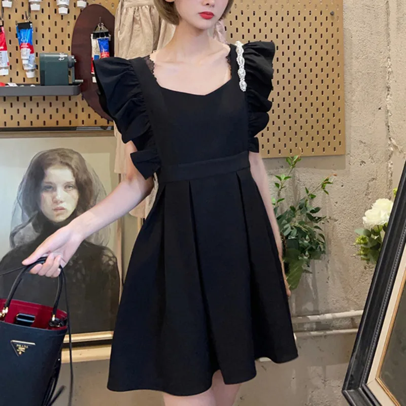 

DEAT 2021 New Women Fashion Slim Square Collar Flying Sleeves Patchwork Beading Thin Folds High Waist Dress Summer Autumn 7E854