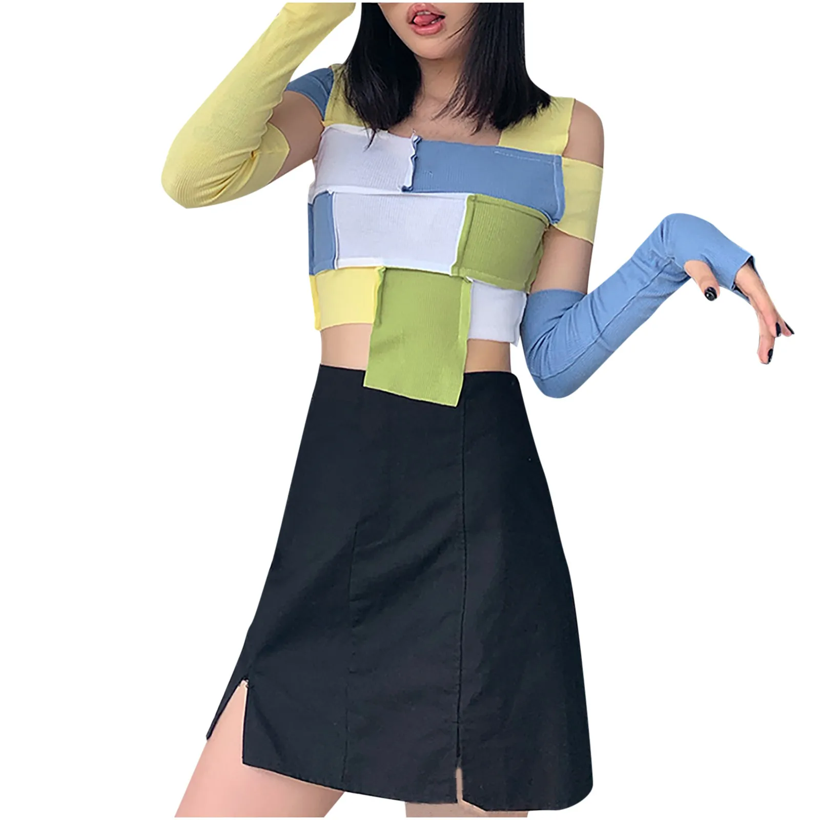 

Women Tops Square Collar Strapless Splicing Slim Navel Long Sleeve T-shirt Full Sleeve Sexy Skinny T-shirt Ladies Streetwear