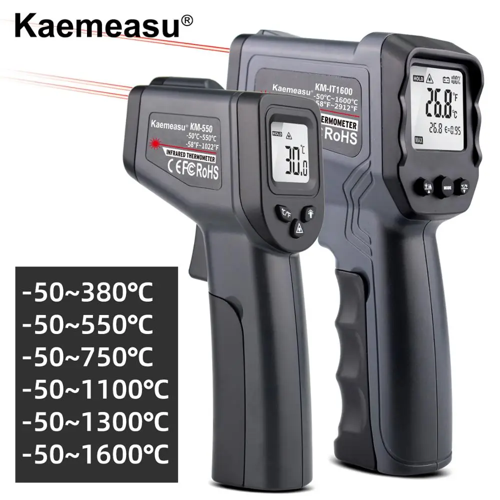 Termómetro infrarrojo digital, pistola láser doble sin contacto, -50~380/550/750/1100/1300/1600 grados