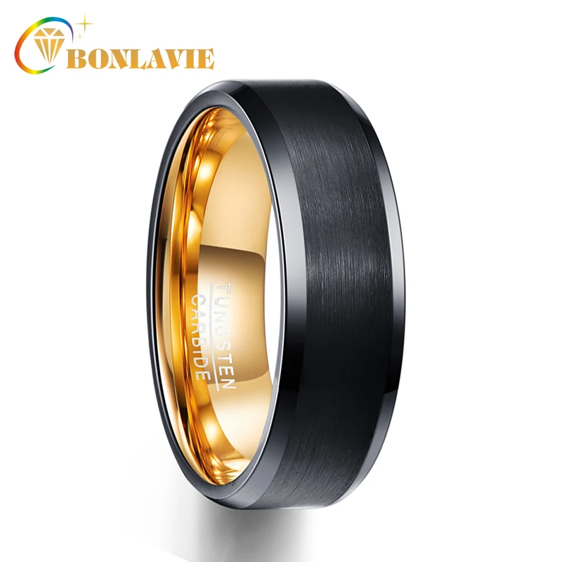 BONLAVIE мужские кольца 100% вольфрам карбид золото внутренняя черная матовая