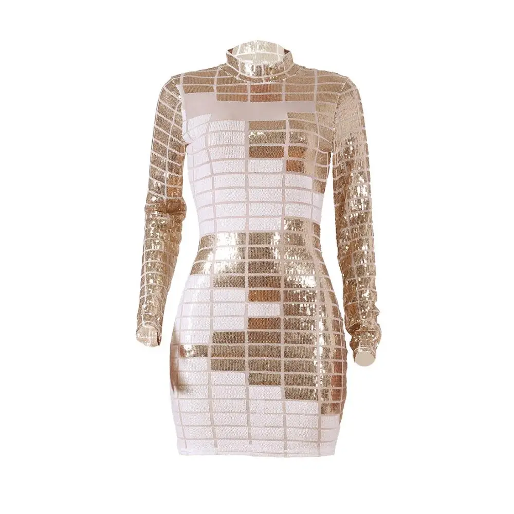 

Autumn Women's Sexy Long sleeve Sequined Round Neck Dress Metal Tight Dress
