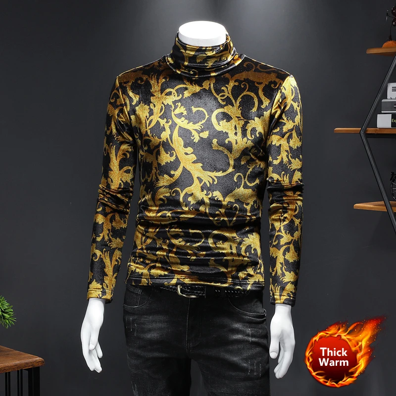 

Golden Print T Shirt Club Outfits Royal T Shirt Men Autumn Winter Fleece-lined Thickened Turtleneck Long-sleeved T-shirt M-5XL