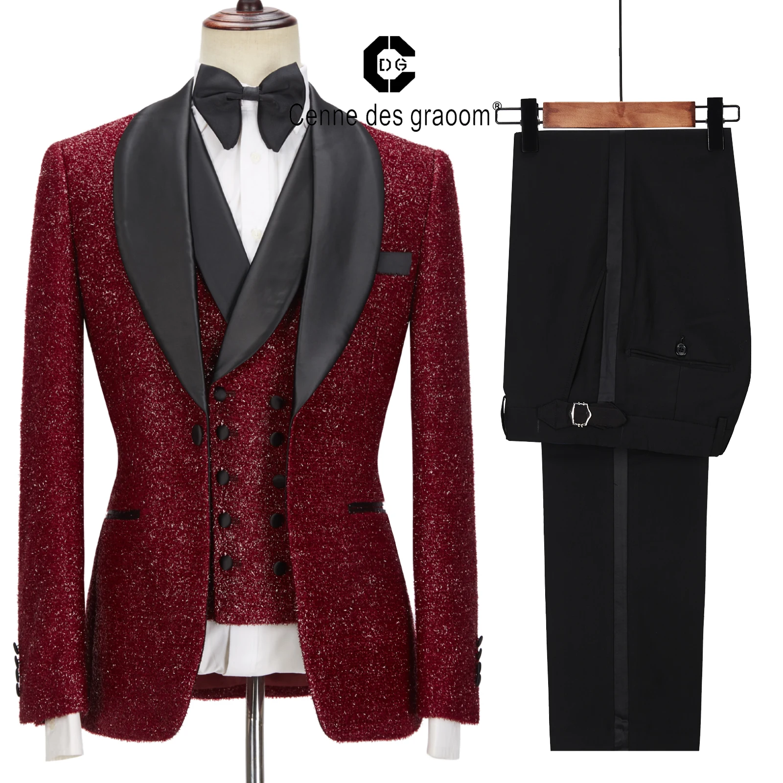 

Cenne Des Graoom New Costume Homme Tailor-Made Tuxedo Suits For Men 3 Pieces Set Blazer Vest Pants Wedding Party Singer Groom