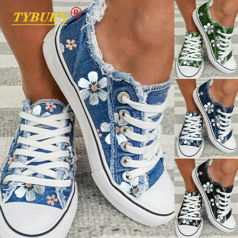 

2021 New Women's Comfortable Denim Canvas Flat Shoes Flower Vulcanized Women's Shoes Spring and Autumn Lace-up Women's Sneakers