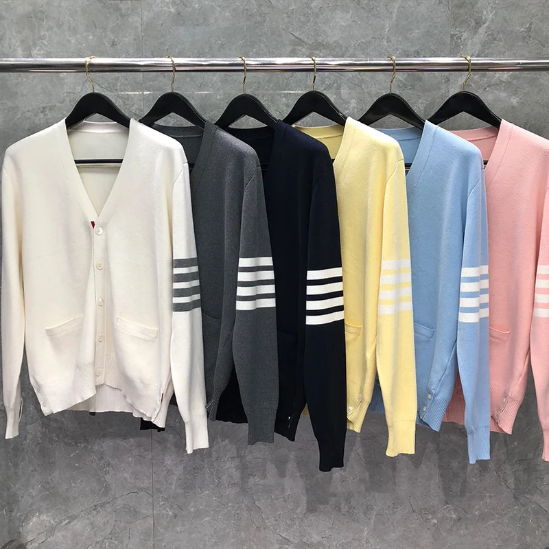 2021 TB Fashion THOM Brand Sweaters Men Women Slim Fit V-Neck Cardigans Clothing Striped Cotton Spring and Autumn Casual Coat