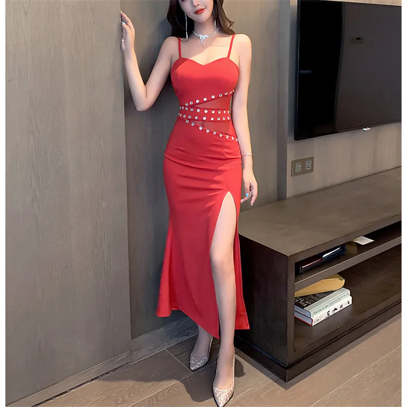 

Real Shot 2021 New Fashion Women's Sexy Low-Cut Chiffon Perspective Sling Reveal Backpack Hip Split Party Dress