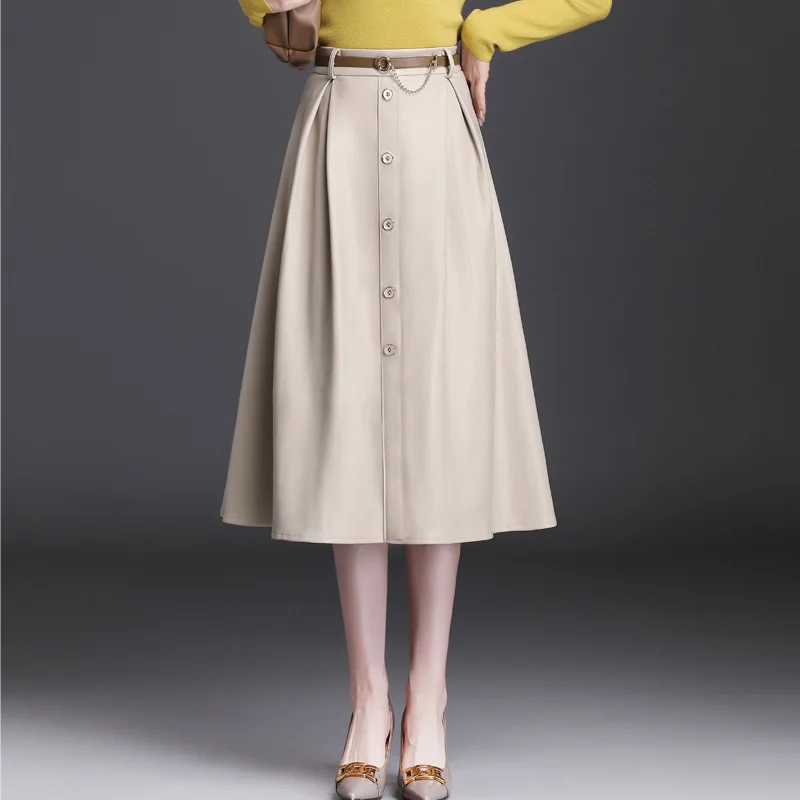 

Autumn Winter Women Fashion High Waist Faux Leather Black Skirt Office Lady Elegant Loose A-line Casula Mid-long Skirts 1876