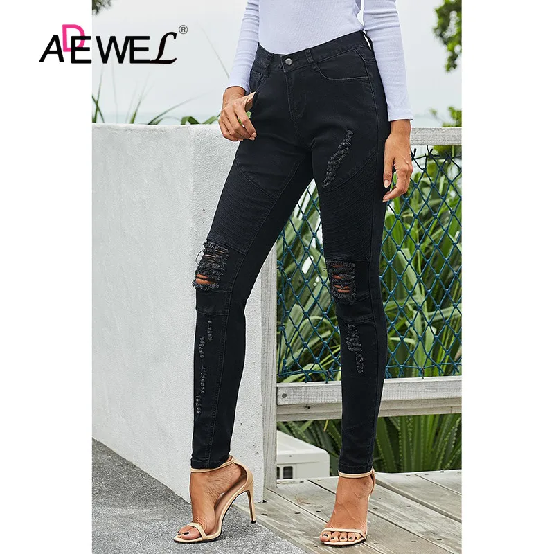 Женские рваные джинсы ADEWEL черные из хлопка обтягивающие новинка 2019 | Женская