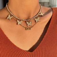 high quality women stainless steel letter year pendant necklace trendy bling rhinestone butterfly tennis choker necklace jewelry
