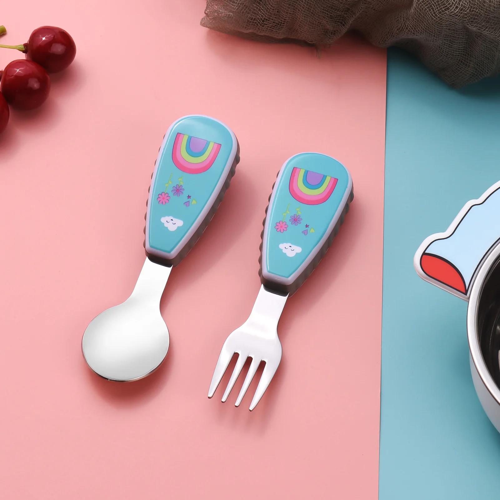 Cute Kids Spoon and Fork Set Stainless Steel & PP Material with Lovely Patterns for 12+ Month Toddlers Storage Case |