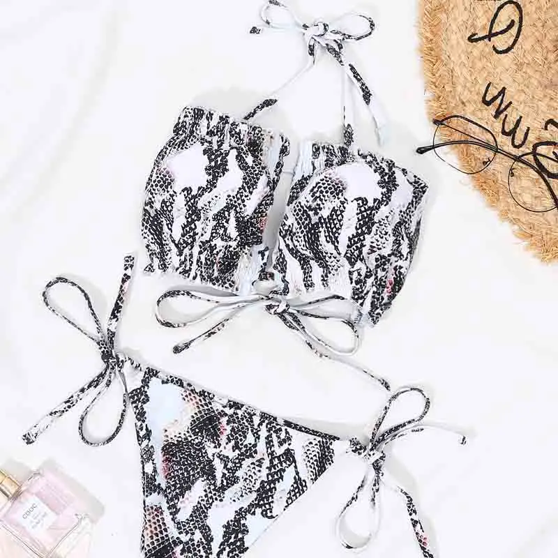 

Sexy Snakeskin Printed Bandeau Brazilian Bikini Swimsuit Female Swimwear Women Two-pieces Bikini set Pleated Bather Bathing Suit