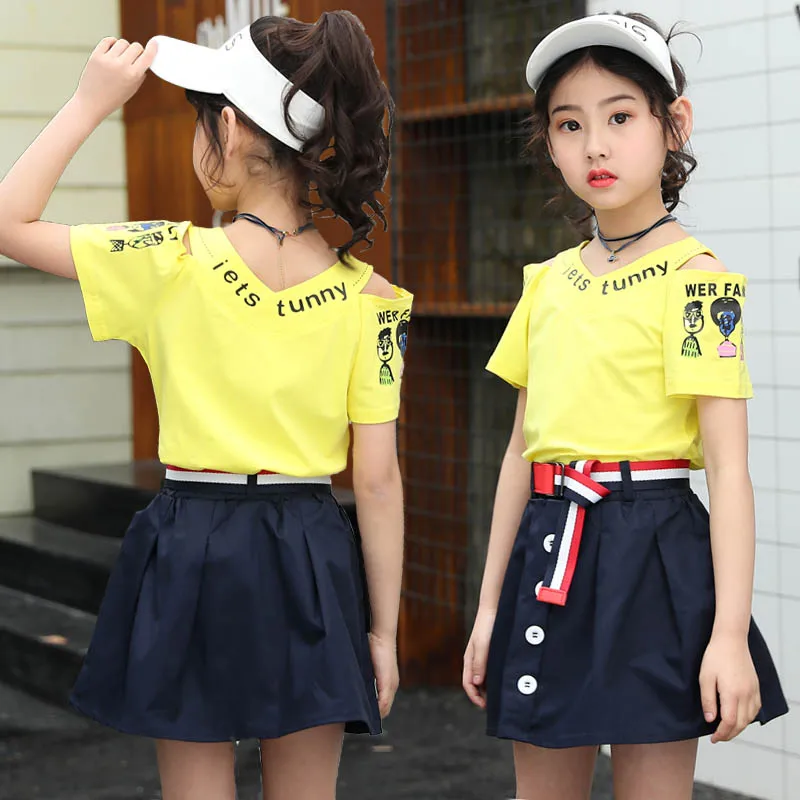 Летняя новая футболка комплект одежды короткая юбка летняя одежда для девочек из