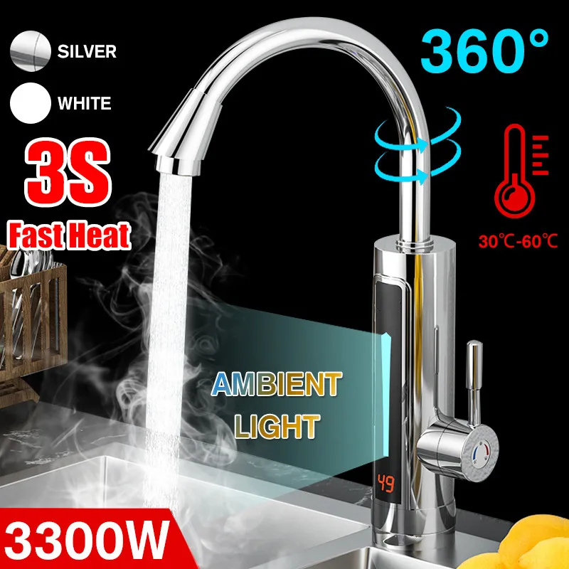 3300W 220V Instant Electric Water Heater Faucet Tap LED Ambient Light Temperature Display Bathroom Instant Heating Tap