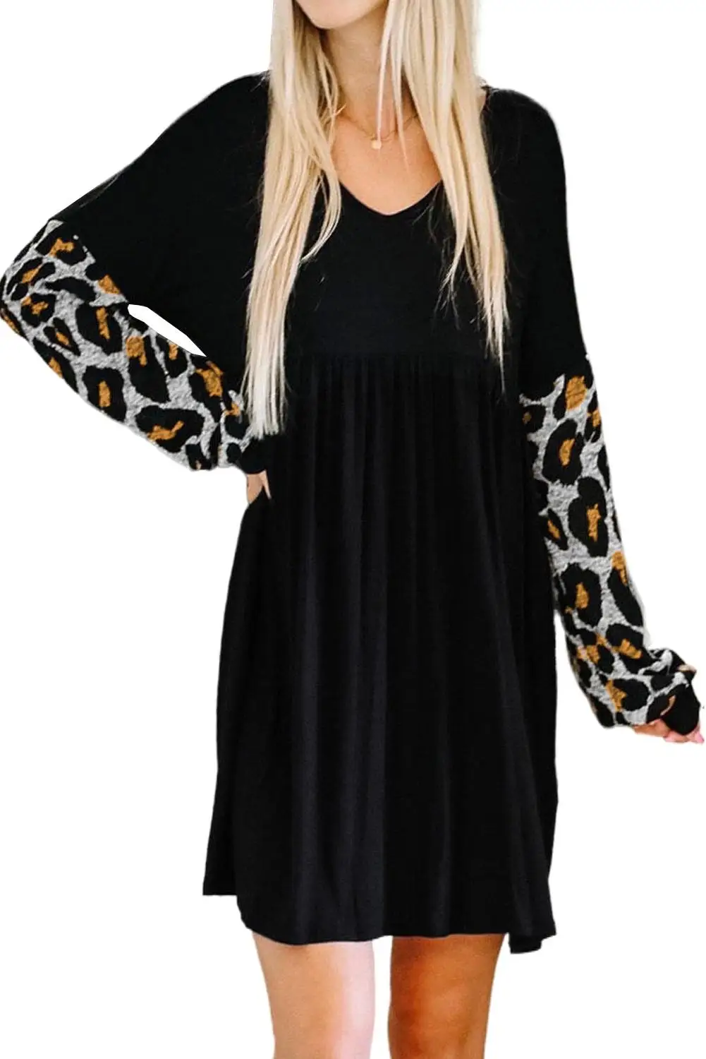 

Women's Casual Leopard Bishop Long Sleeve Mini T Shirt Tunic Dresses Splicing Ruffled V-neck Long Sleeve Mini Dress