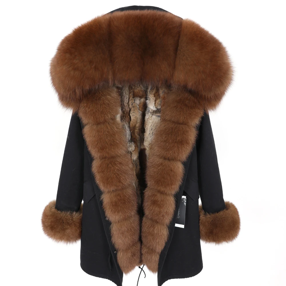 

Winter Jacket Women Real Fur Coat Fox Fur Collar Detachable Rabbit Fur Liner Mid-length Parker