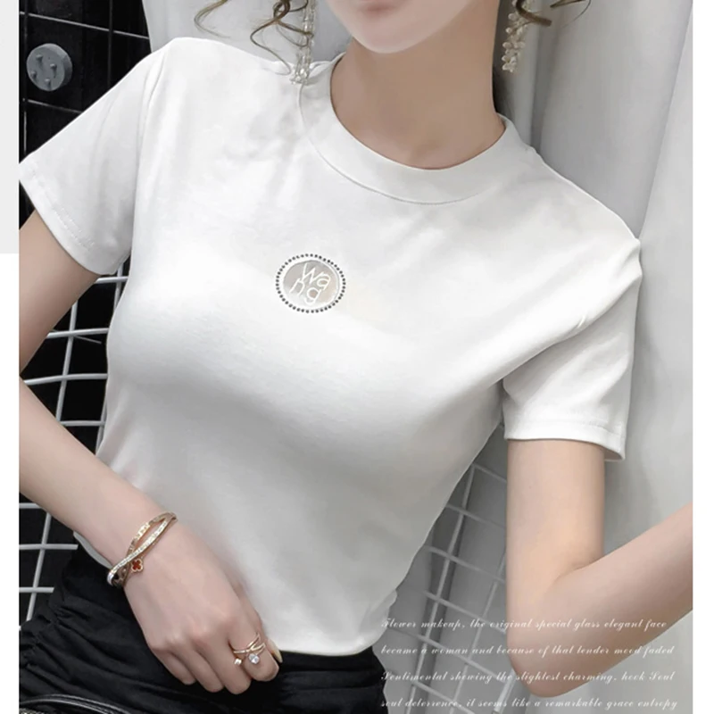 

Embroidery O-Neck T Shirt Women Cotton 2021 New Fashion Summer Tops Short Sleeve Korean Style Tshirt Woman Tee Shirt Femme