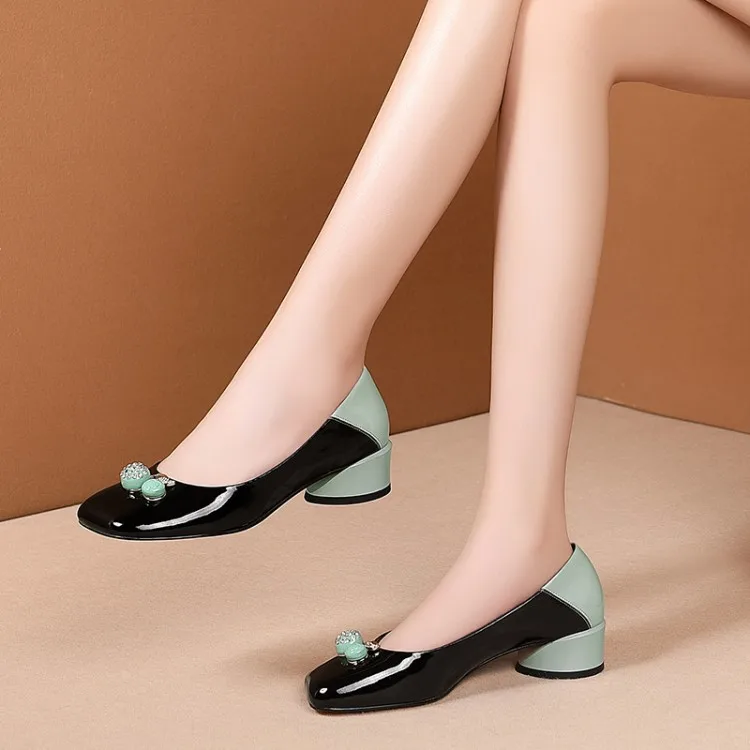

MLJUESE 2021 Women Pumps Soft Cow leather Autumn Spring Metal Decoration Black Color Square toe high heels pumps Size 41