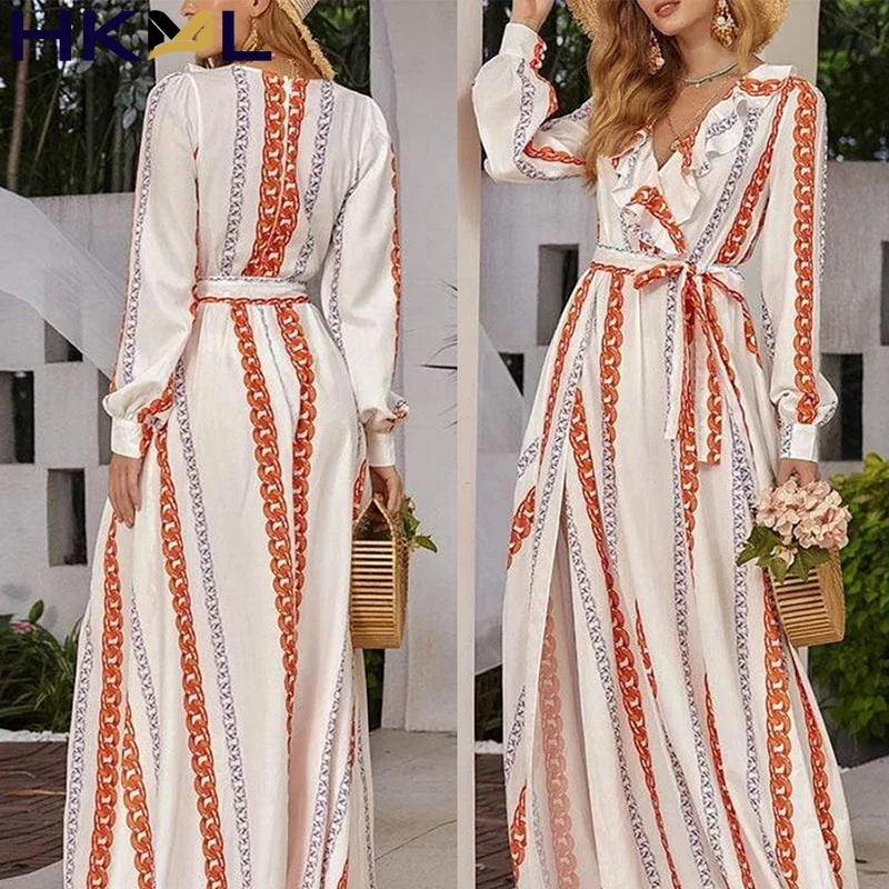 

Women Dress Printing Long Sleeve High Street Ruffle V Neck Lace-Up Chain Elegant Sexy Long Party Dress Autumn