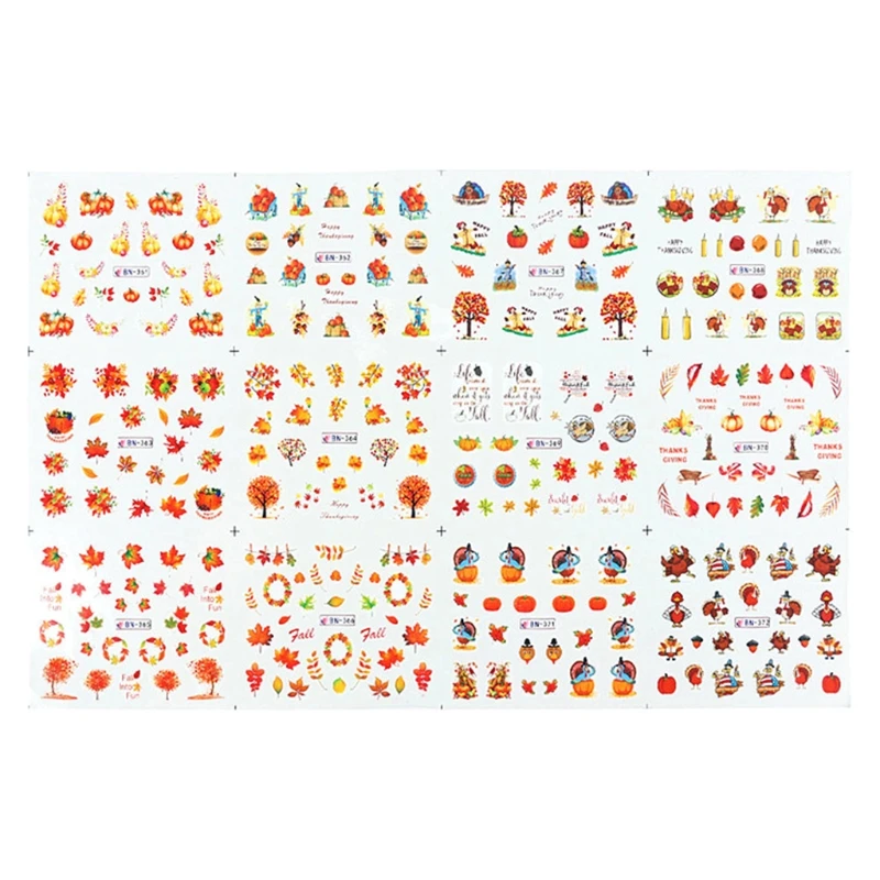 Q1QD 1 Sheet Fall Autumn Maple Leaf Pumpkin Pattern Nail Art Stickers Thanksgiving Harvest Holiday Water Transfer Decals DIY