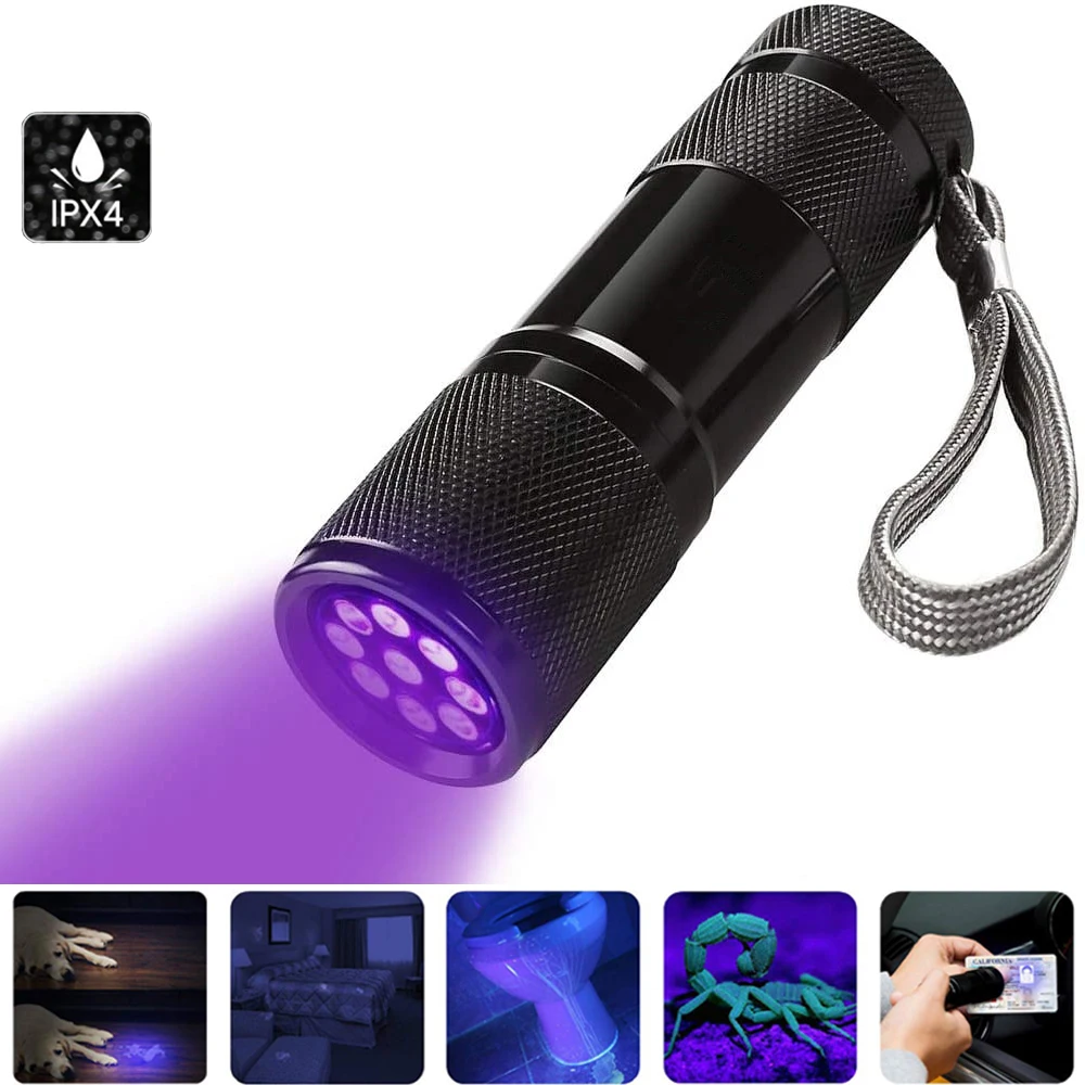 UV Torch 9 LED 395nm Ultraviolet Ultra Violet LED Flashlight Ultra Violet Invisible Ink Marker Detection Light 3AAA UV Lamp
