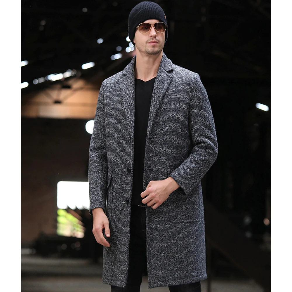 2019 Мужская Зимняя шерстяная одежда серый длинноворсовый мех кролика куртки на