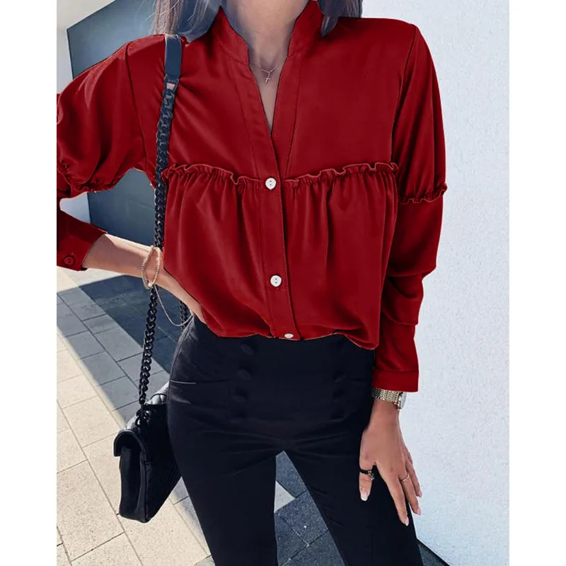 

New Style for Autumn and Winter Women's Popular Loose Long-Sleeved Button Shirt Stand Color Women Tops and Blouses