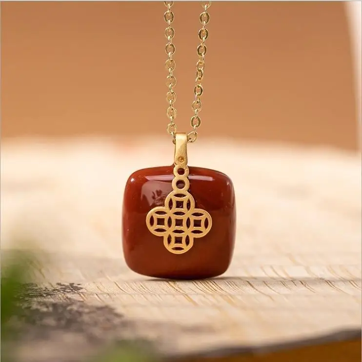 

South Red Square Pendant Sterling Silver Gold-Plated Chinese Knot Agate Stone Geometric Pendant Palace Style Pendant