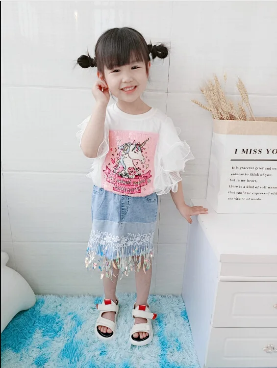 Baby Unicorn Summer Sets Kids Tops Denim Skirt Suits White Sequined Lace T Shirt Fringed Fashion Girls Clothing | Детская одежда и