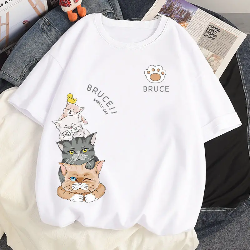 

Cotton T Shirts Cute Cat Animation Style Harajuku Women T Shirt Summer Loose Big Size Girl Cute T Shirt White T Shirt Top H2541