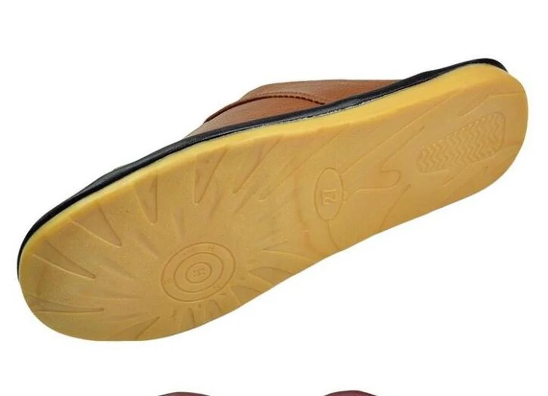 Men's Luxury Cow Split Leather Handmade Men Home Slippers Spring Slip on Soft Comfortable Black Brown Bedroom Indoor Flat Shoes images - 6