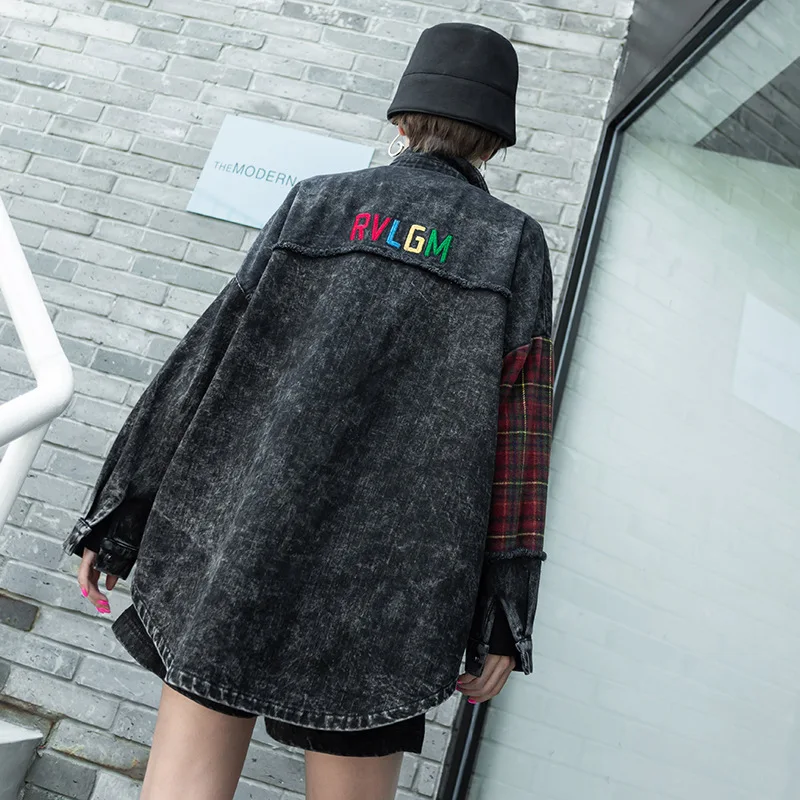 Vefadisa Plus Size Plaid Patchwork Denim Jacket Women 2021 Spring Stitching Color Coat Letter Print QYF3477 |