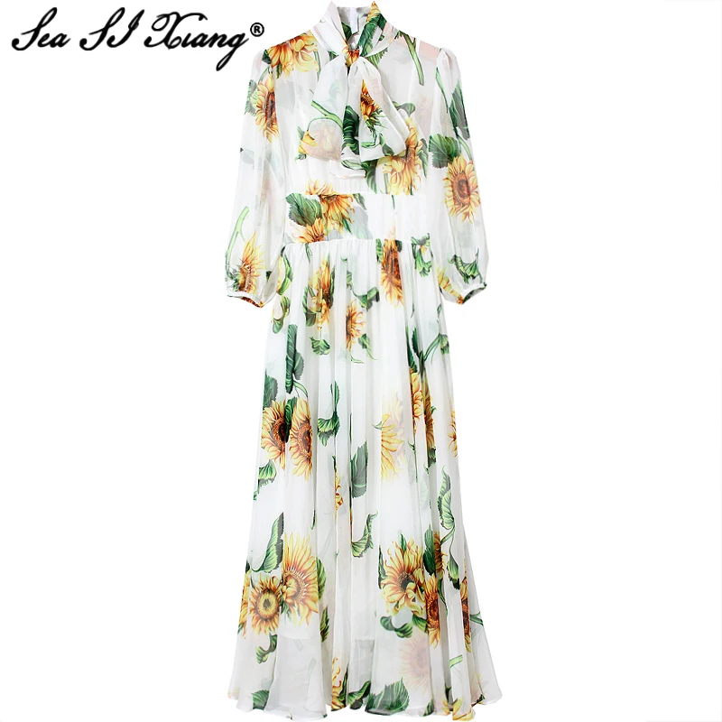 

Seasixiang Fashion Designer Summer Chiffon DressWomen's Bow Collar Lantern Sleeve Sunflower Print Vacation Long Dress