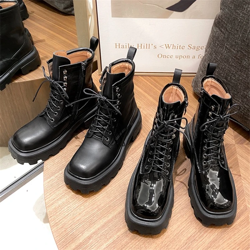 Murah Sepatu Motor Kulit Asli Platform Ritsleting Wanita Sepatu Bot Musim Dingin Hak Tinggi Kotak Simpul Silang Wanita Ukuran Besar 41