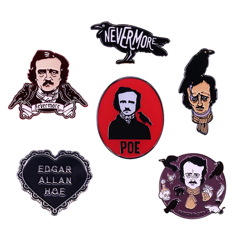 Great Poet Edgar Allan Poe Pins Collection Nevermore Raven Brooch Gothic Literature Art Badge bookworm gift