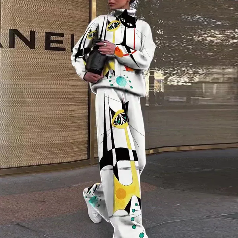 

Fashion Print Women Loose Tracksuits Spring Turtleneck Pullover Wide Leg Pants 2PC Sets Casual Femme Streetwear Sports Outfits