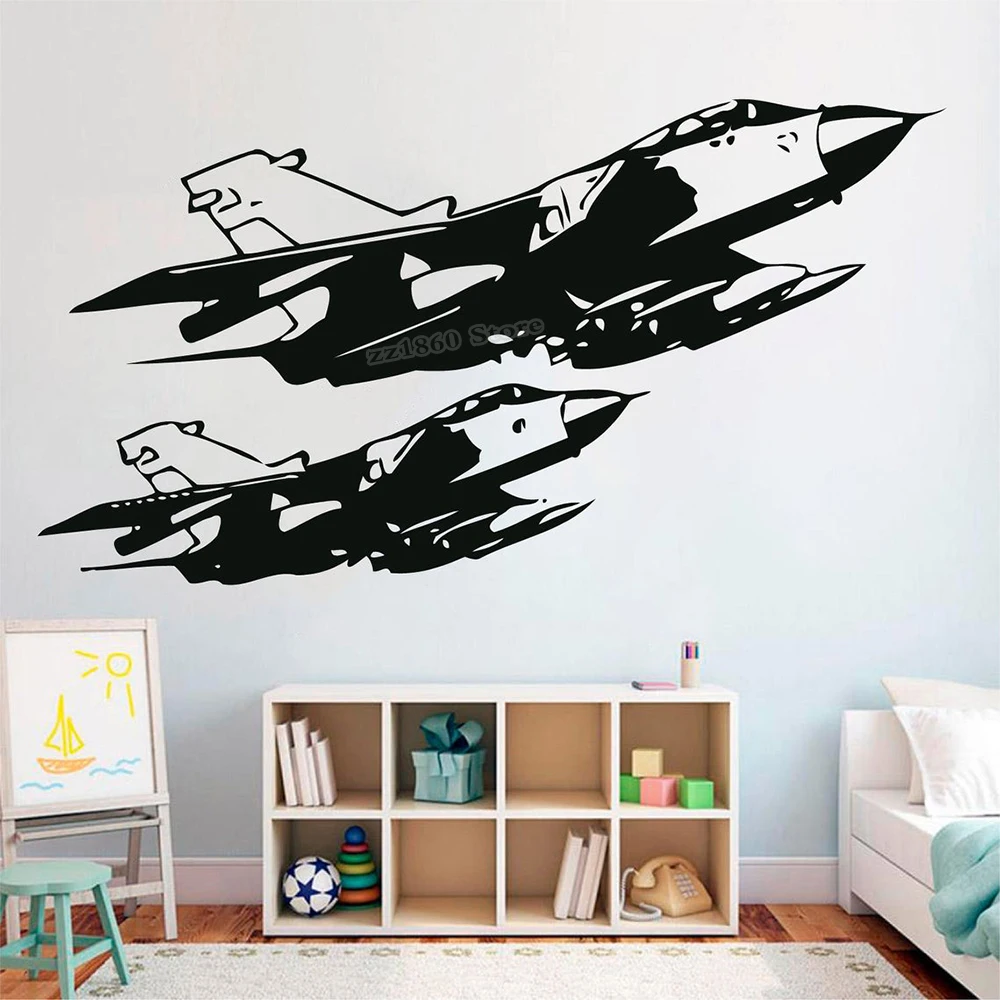 Calcomanía de pared de dos aviones de combate para decoración de habitaciones de chicos, Mural de calcomanías de vinilo B760