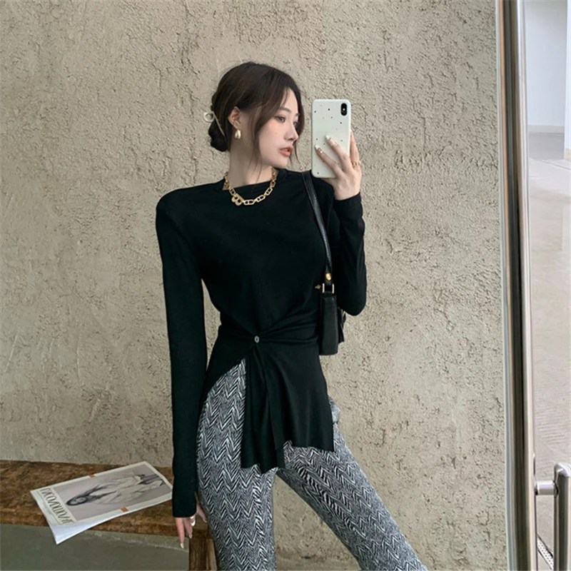 

2021 Fashion Women's Clothing Slim Cross Asymmetric Hem Tees Korean Style Ins Solid Color Early Autumn Base Woman T Shirts Tops