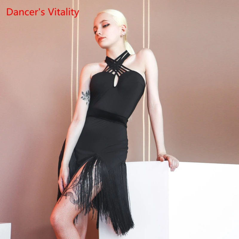 

Latin Dance Competition Clothes Sexy Halter Neck Fringe Dress High-end Female Adult Professional Performance Dancing Clothing