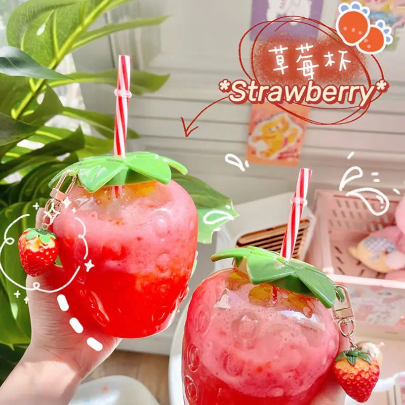 

Summer Cartoon Kawaii Strawberry Straw Cup Plastic Cup Lovely Girl Milk Tea Coffee Cup Student Portable Water Cup Water Bottle