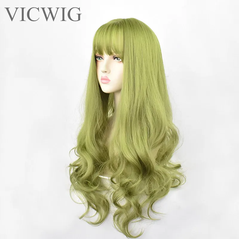 24inch Synthetic Green Black Hair Curly Big Wave Cosplay Wigs With Bangs for Women African American Heat Resistant Fiber Hair