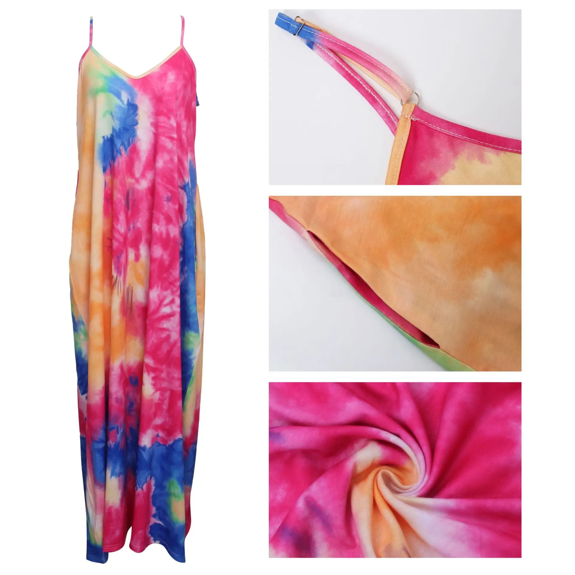 

Sling V-Neck Dress 2021 New Plus Size Womens Sleeveless Collocation Pocket Fashion Color Printing Elegant Temperament Long Dress