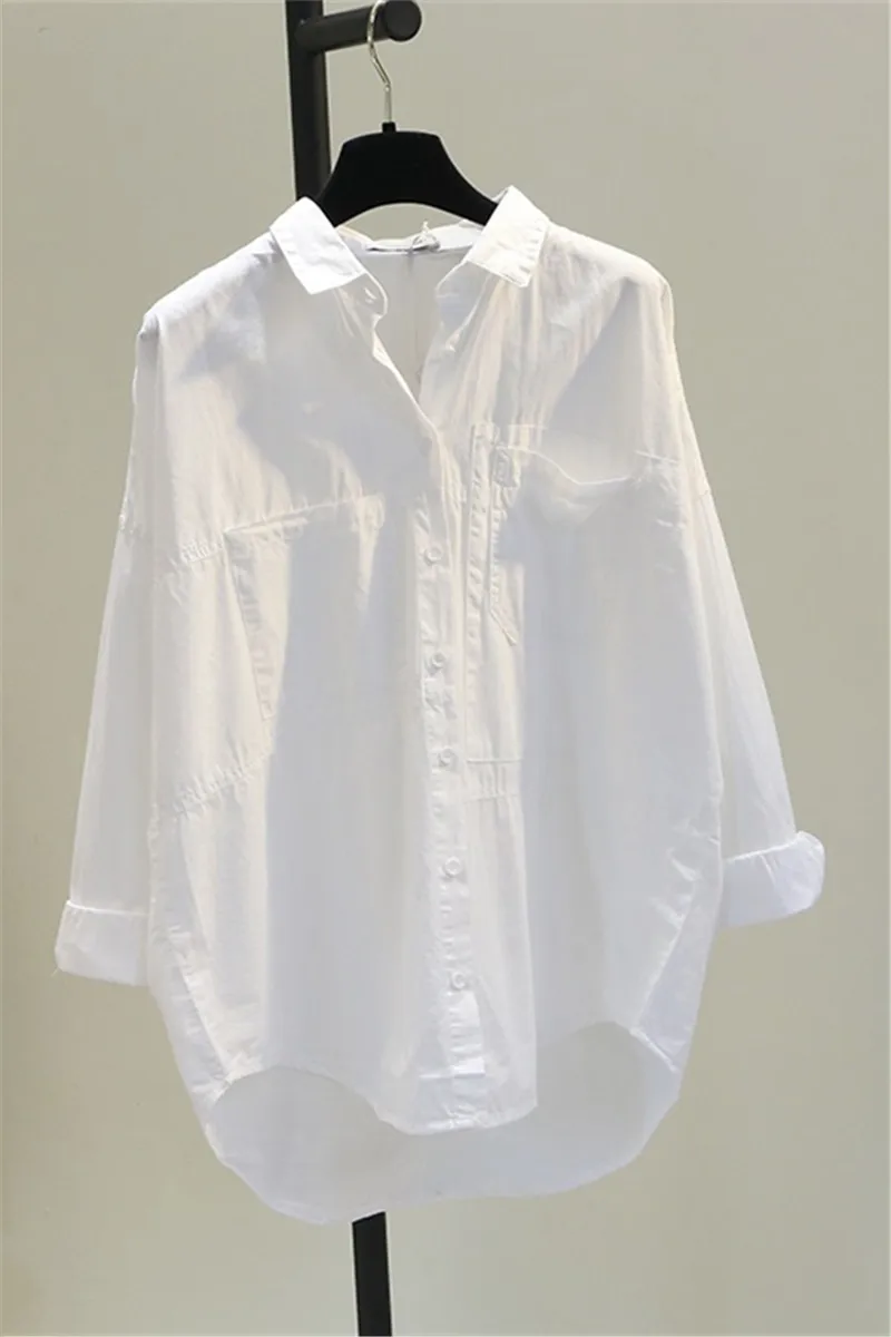 

2021 Summer Women Shirts White Loose Oversized Blouses Female Tops Loose BF Korean Style Blusas Pockets Sunscreen Top