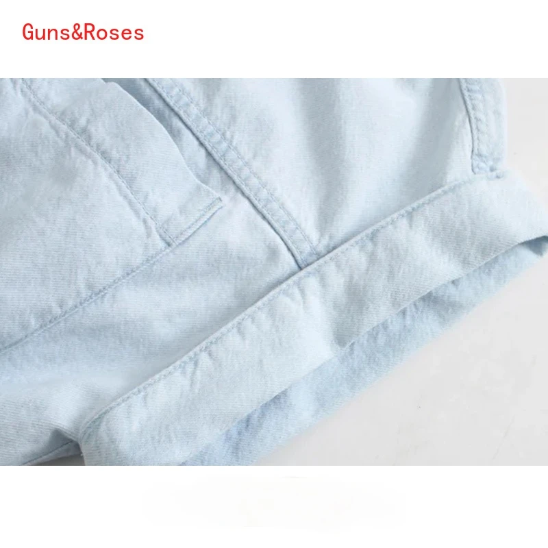 

Jumpsuits Women 2021 Chic Fashion Pockets Denim Playsuits Vintage Turn-Up Sleeves Elastic Waist Short Women Mujer