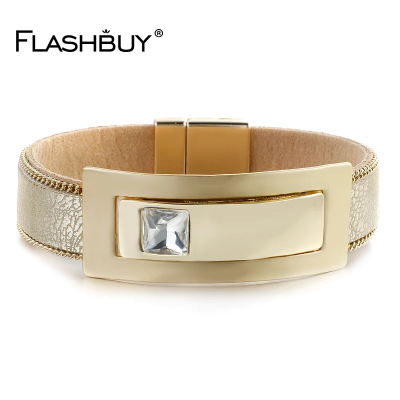 Новинка модные квадратные кожаные браслеты Flashbuy с кристаллами для женщин и