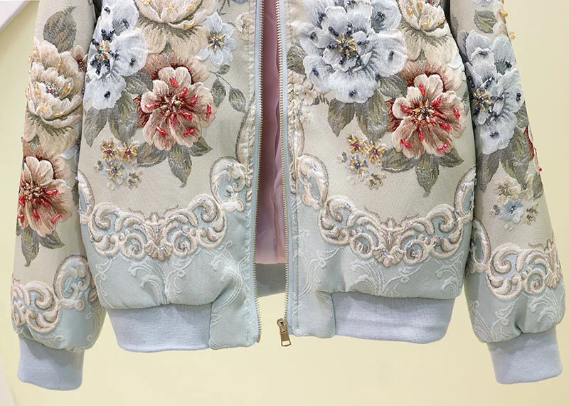 

Luxury Palace 3D Jacquard Heavy Flowers Embroidery Baseball Uniform Diamonds Jacket Women Beaded Zipper Cardigan Loose Crop Tops