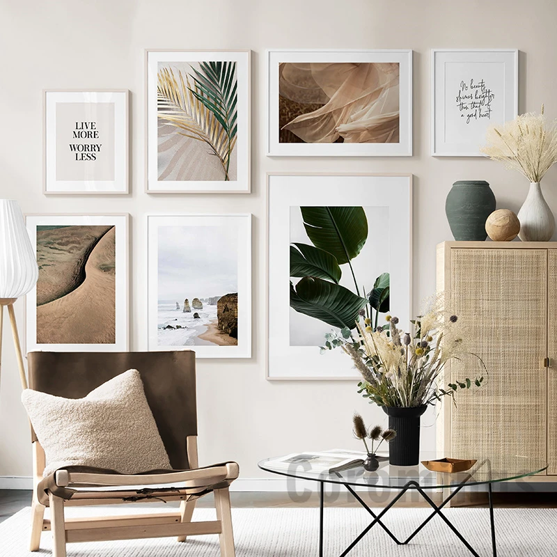 Современный бежевый пейзаж листья пальмы холст живопись Постер в стиле бохо