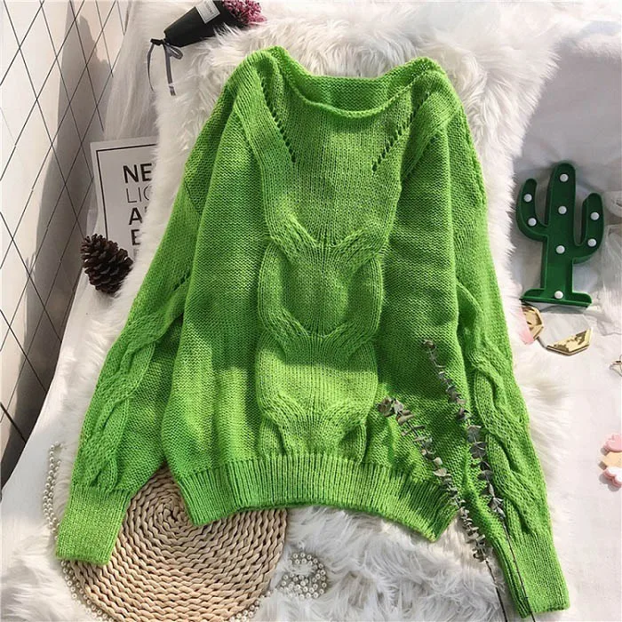 green Genayooa Loose Autumn Knitting Sweater Pullovers Women Long Sleeve Ladies Sexy Jumpers Soft Hollow Out Sweater Woman Winter - Цвет: green