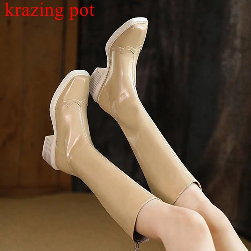 

Ботинки Vichelo кожаные в стиле панк, высокие теплые зимние ботинки на толстом каблуке, с квадратным носком, на молнии сзади